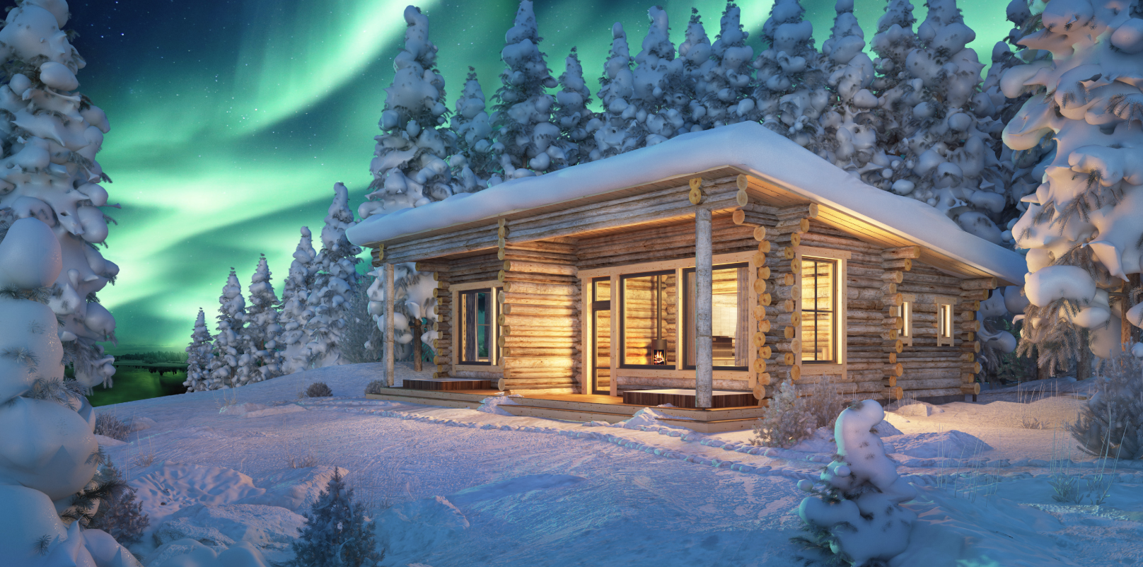 Northern Lights outside Cabin at Nangu in Finnish Lapland